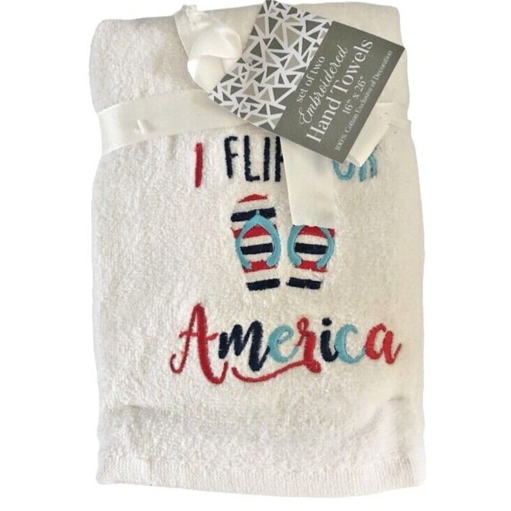 America Embroidered Hand Towels Bathroom July 4th USA Red White Blue Set of 2